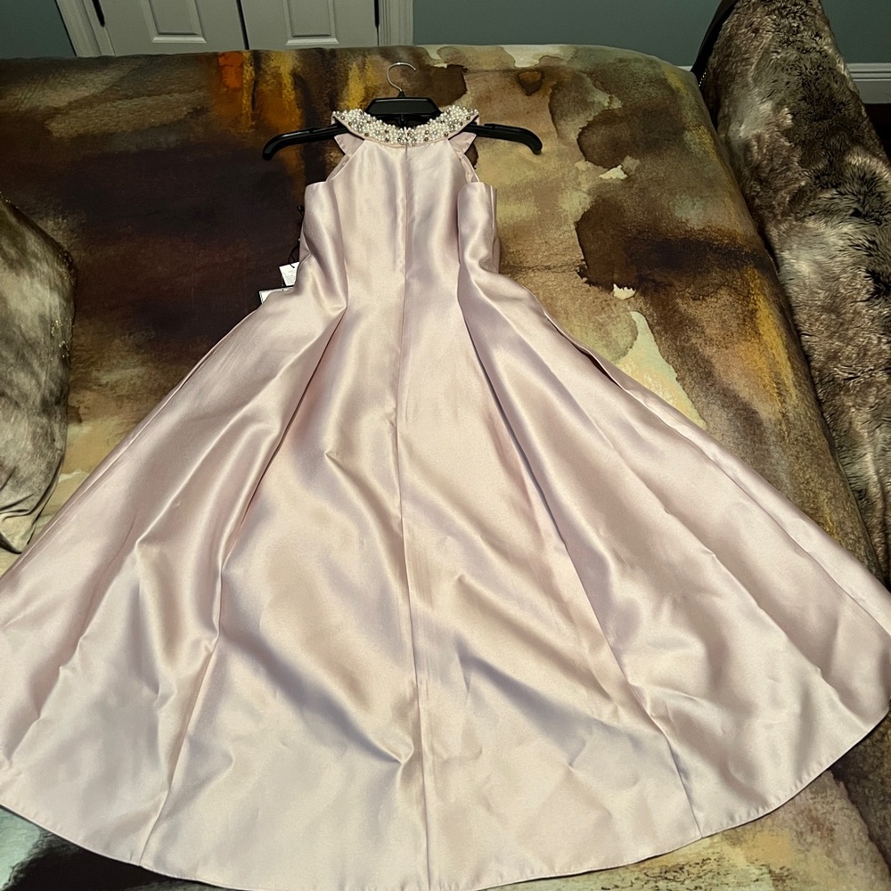 Beautiful Adrianna Papell blush dress with pearl detailing around d the neck.
